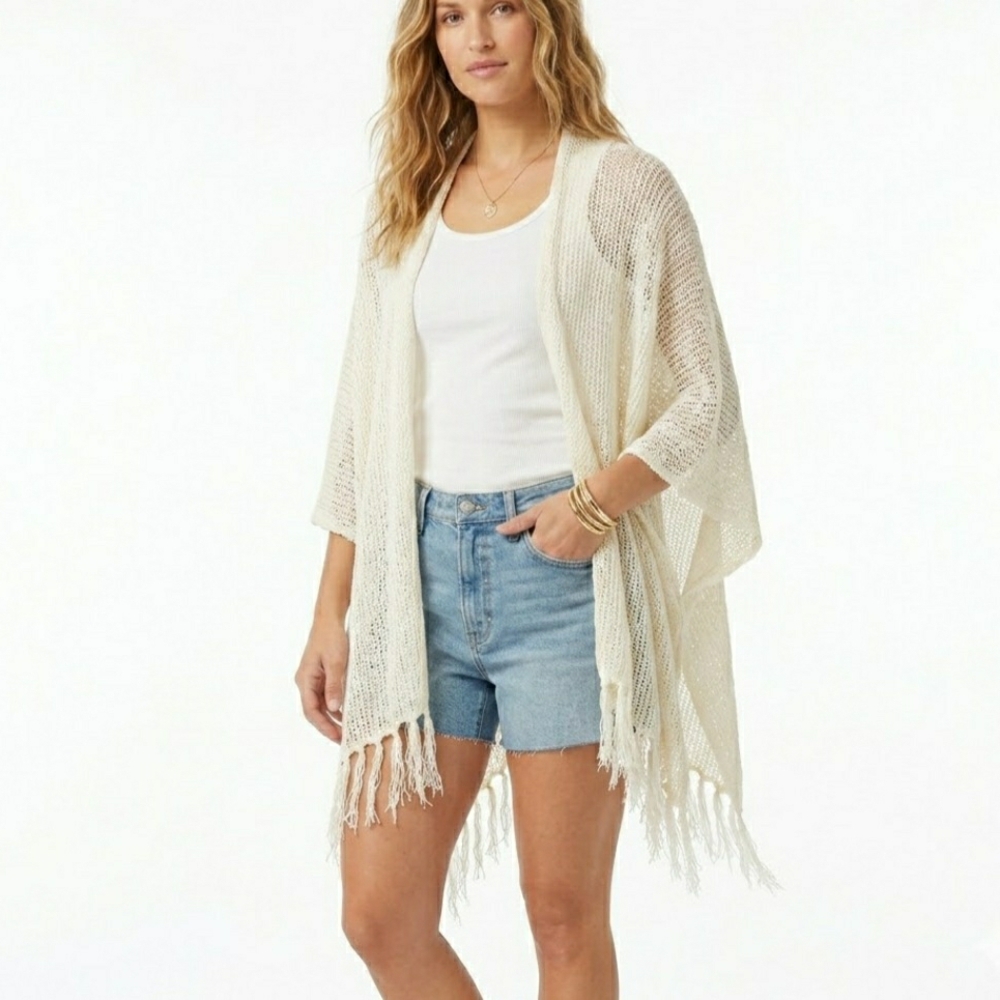 Coldwater Creek White Open Knit Fringe Cardigan Poncho One Size